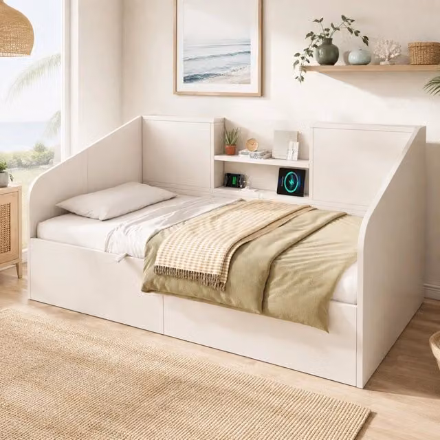 Letto Giorno Idraulico 90x200 cm Bianco con 2 Ripiani, Ampio Spazio di Archiviazione e Stazione di Ricarica USB/Type-C, Rete a Doghe Inclusa, Letto Singolo Salvaspazio (Senza Materasso)