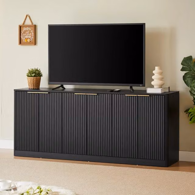 Sideboard moderno nero 170x40x70,5 cm, design ondulato, 6 ante, mobile contenitore per cucina, camera da letto e soggiorno