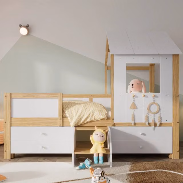 Letto per bambini semialzato a casetta con tetto e finestra, recinzione su 4 lati, 4 cassetti, scaletta, pino e MDF - Bianco e Naturale 90x200 cm