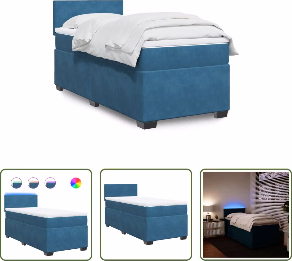 The Living Store Letto a molle con materasso blu 90x190 cm in velluto