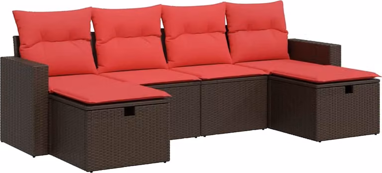 Set Divano da Giardino 6 pz con Cuscini Marrone in Polyrattan
