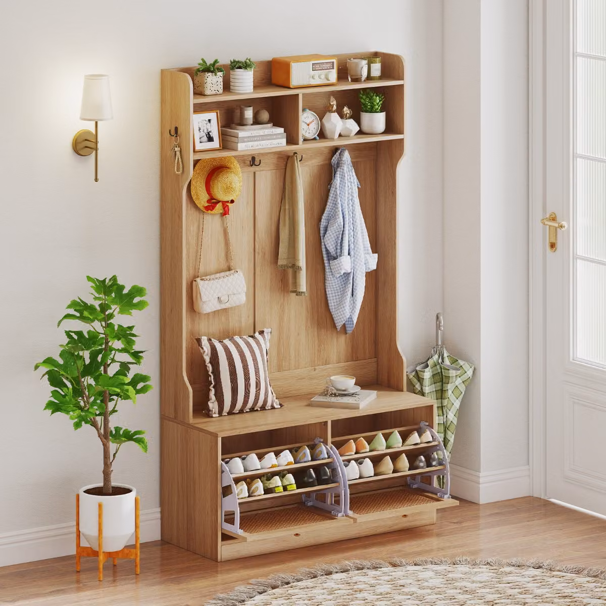 Costway Attaccapanni 4-in-1 con Panchina e Cassetti a Ribalta per Ingresso, Colore Marrone Naturale in Rattan PE
