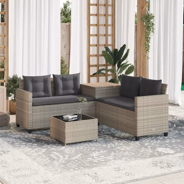 Set da giardino vidaXL a forma di L con divano, tavolo da caffè e cuscini, colore grigio
