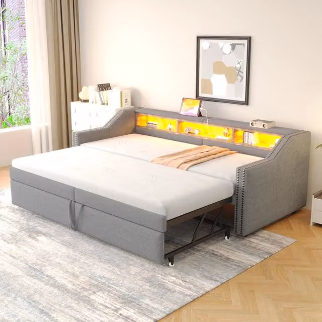 Letto divano estraibile 90×200 e 180×200 cm con 3 vani, LED e USB, senza materasso, in lino grigio chiaro