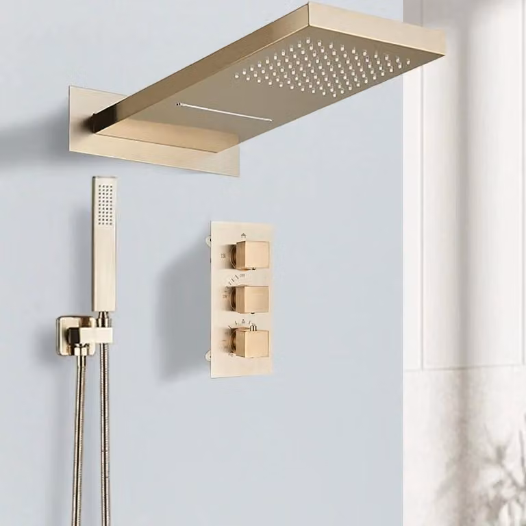 Set doccia a pioggia - Sistema doccia con installazione del termostato - Miscelatore a 3 vie - Soffione a cascata effetto pioggia, diametro 30-40 cm - Acciaio inossidabile 304 - Finitura oro spazzolato