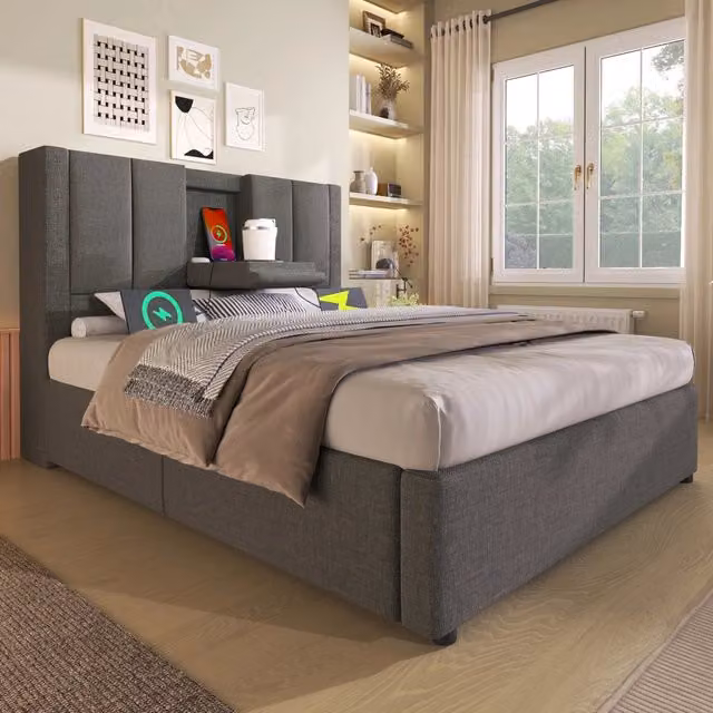 Letto Contenitore REDOM in Tessuto Grigio con Porta Bicchiere, Stazione di Ricarica USB e Base a Sollevamento, L/P: 90 x 200 cm