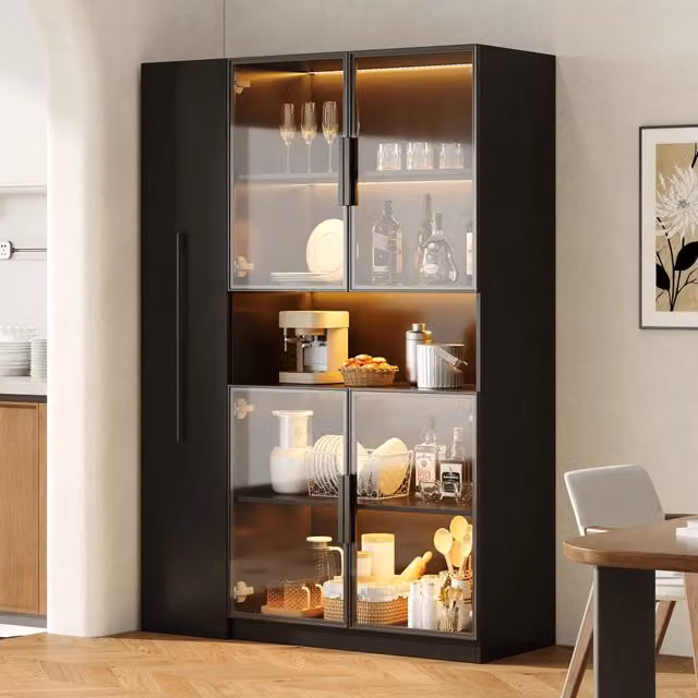 Vetrina con LED multicolore ripiani estraibili e vano aperto per soggiorno cucina in MDF nero 110 × 35 × 160 cm