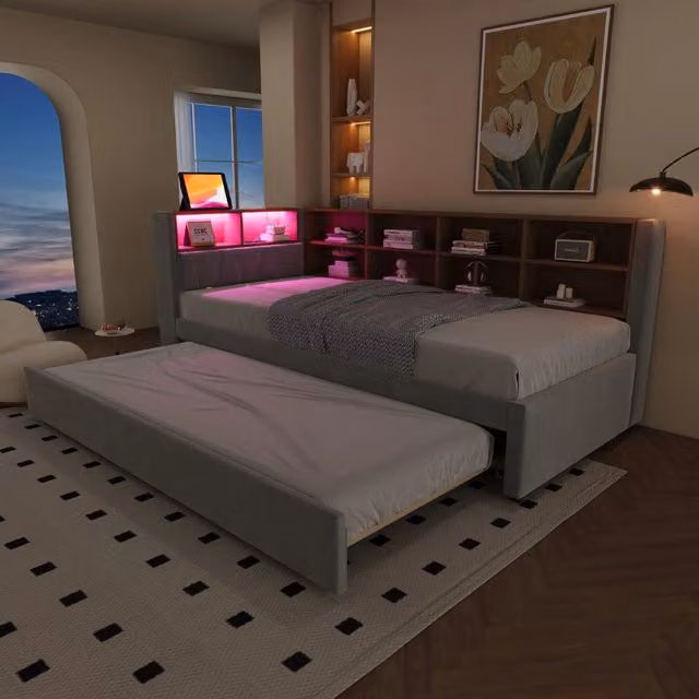 Letto Mivray con letto estraibile e illuminazione LED, porta USB e vani contenitore, rivestimento in flanella grigio chiaro, L/P/H: 213 x 90 x 103 cm