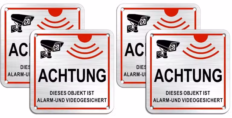 Segnaletica di sicurezza "Videosorveglianza" e "Allarme", dimensioni 10x10 cm, in alluminio, confezione da 2 pezzi