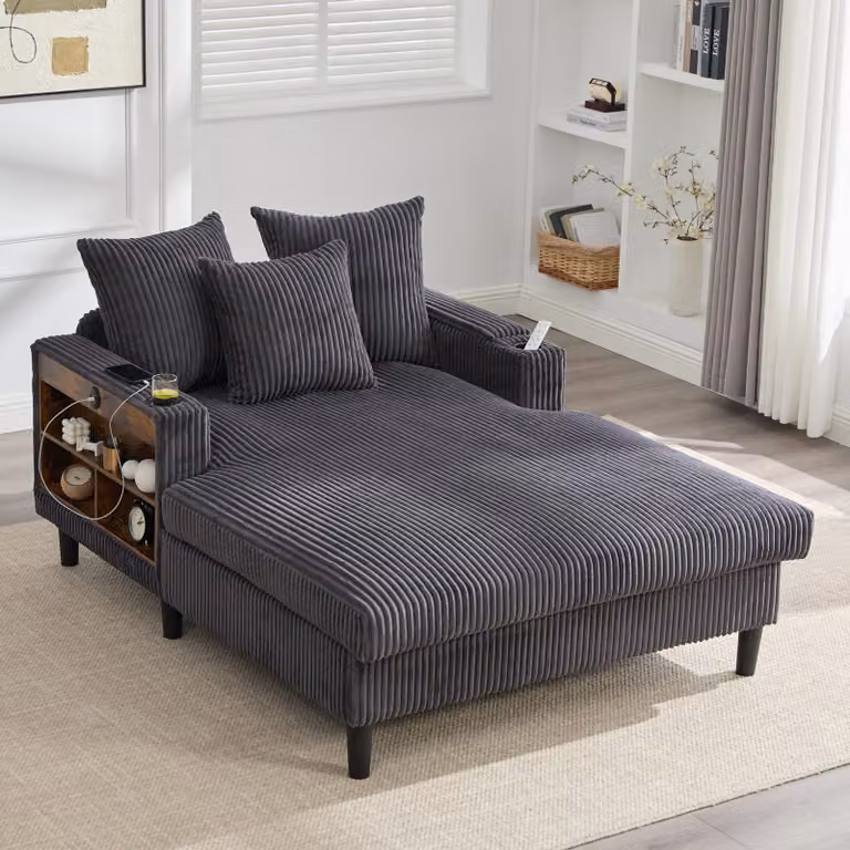 Divano letto LVHOM con luci LED e porte USB, chaise longue con portabicchieri e vano portaoggetti, ampio divano singolo con portata fino a 300 kg, 3 cuscini inclusi, 129x170 cm, grigio