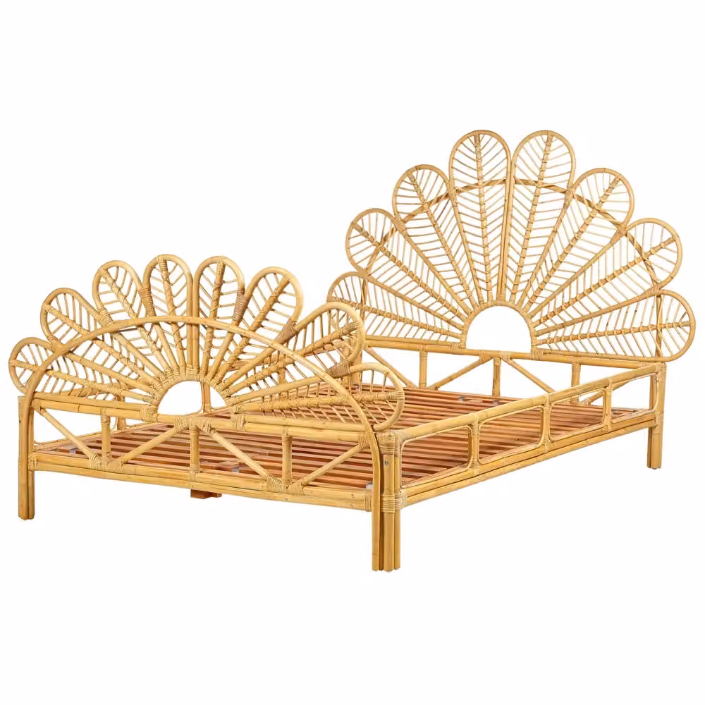 Letto matrimoniale Beliani in rattan e legno stile boho, colore beige e marrone, L/P/H: 213 x 140 x 133 cm – 2