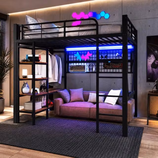 Letto a soppalco 140 x 200 cm in metallo nero con LED, ripiani e rete