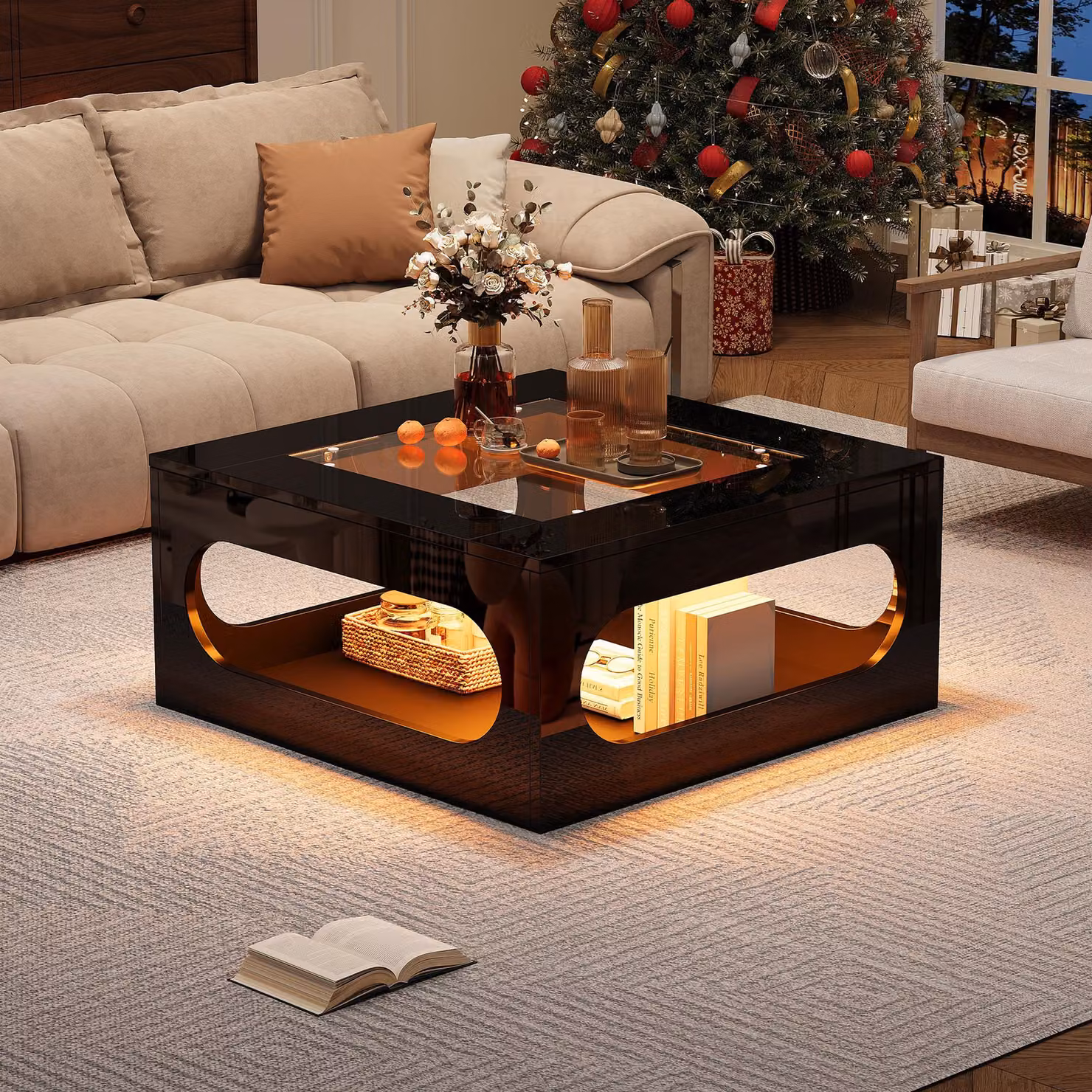 Tavolo da soggiorno AIORBER 70×70×35 cm quadrato a LED con vetro temperato, sezione centrale cava e vano portaoggetti, tavolino moderno in vetro lucido, nero
