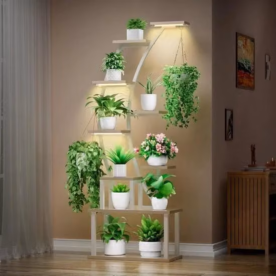 Supporto per piante per interni con lampade per la coltivazione - 9 strati di supporto per piante in metallo - 160 cm alto - supporto per piante multipli per piante da appartamento - display per piante angolari