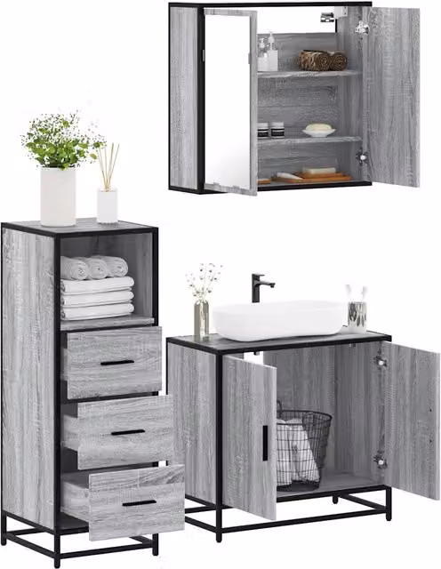 Set Mobili da Bagno 3 pz Grigio Sonoma in Legno Multistrato 3301008
