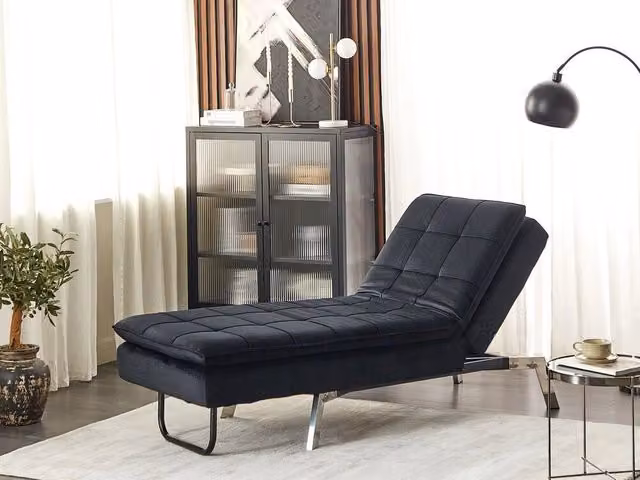 Chaise Longue BELIANI in Velluto Nero con Poggiapiedi Regolabile e Riposo Modulare L/P/H: 179 x 76 x 93 cm – 1
