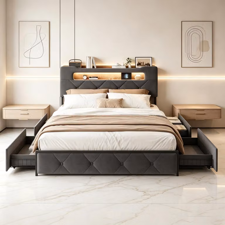 Letto imbottito INONEFT, 160 x 200 cm, letto matrimoniale con LED e USB, letto per ragazzi con 4 cassetti, letto contenitore, letto per adulti, in velluto, colore grigio
