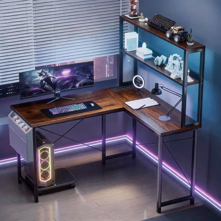 Scrivania angolare a forma di L - Scrivania per computer - Piano in legno - Struttura in metallo - Spazio contenitivo - Marrone