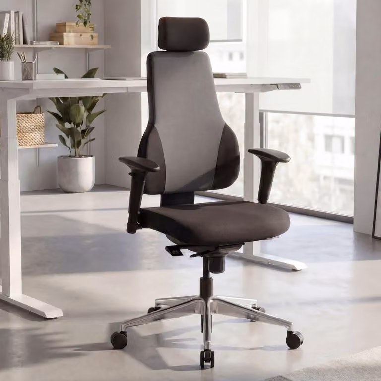FineBuy Sedia da ufficio QENTIN nero/grigio Sedia da scrivania Rivestimento in tessuto Sedia direzionale Sedia girevole Meccanismo sincronizzato Poggiatesta
