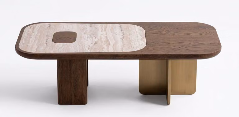Tavolino da caffè marrone, con braccioli in legno, design moderno ed elegante, ideale per il soggiorno, offre comfort e stile