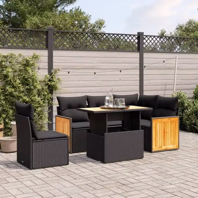 Set Divano da Giardino 6 pz con Cuscini Nero in Polyrattan 3273960
