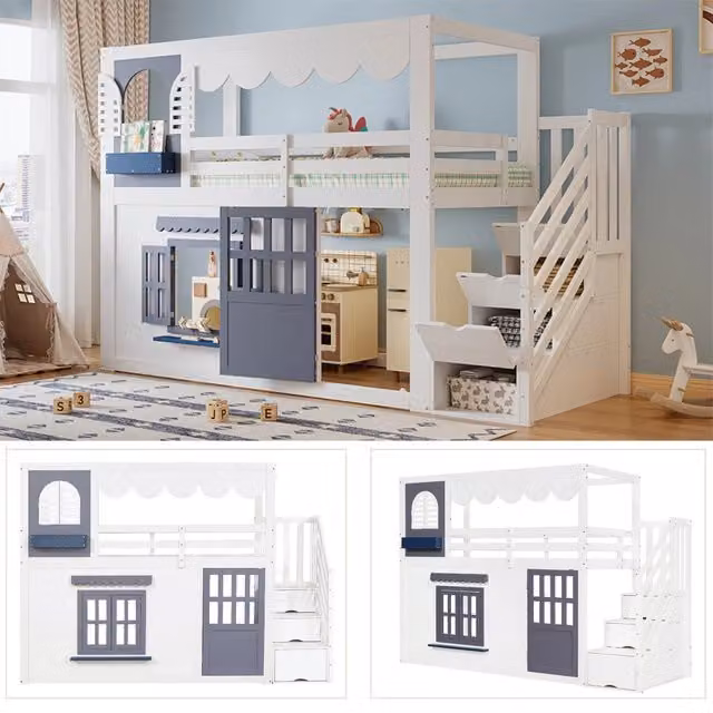 Letto a soppalco per bambini 90x200 cm; casetta con scala contenitore; porta e finestre apribili; bianco e blu