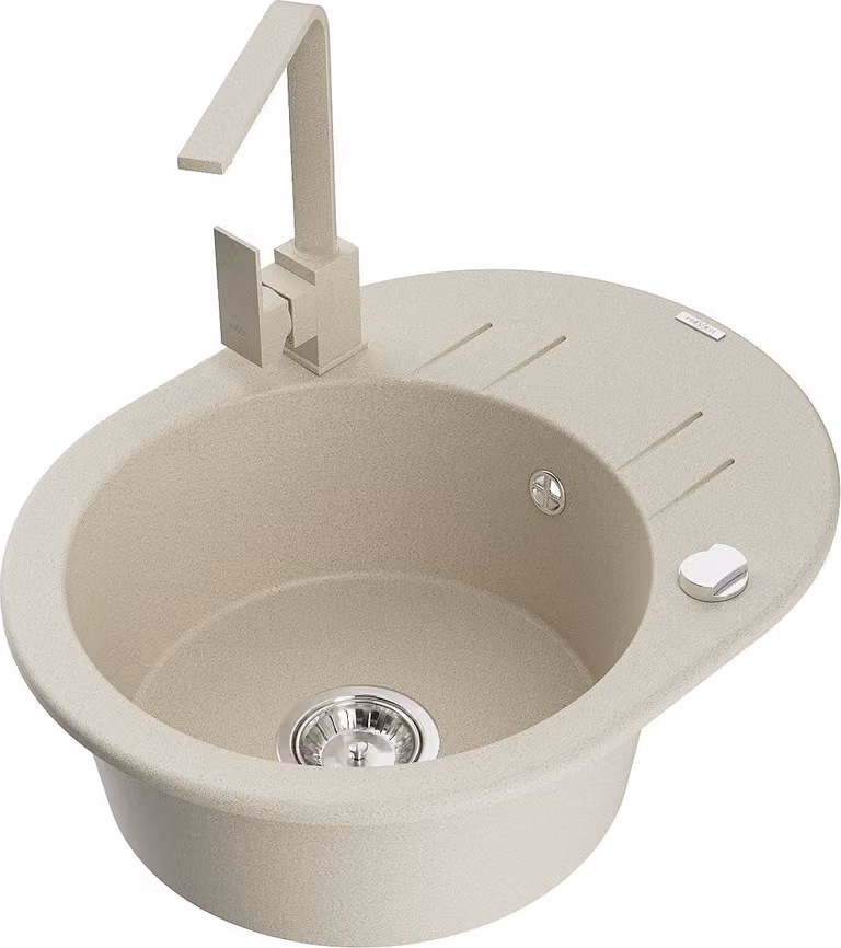 Mexen Kevin lavello in granito 1-vasca con scolapiatti e rubinetto da cucina Rita, beige - 6517-69-670300-69