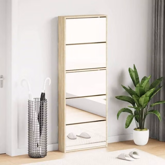 Scarpiera moderna vidaXL con specchio e ante in vetro, colore rovere marrone, L: 63 cm, P: 17 cm, H: 169,5 cm