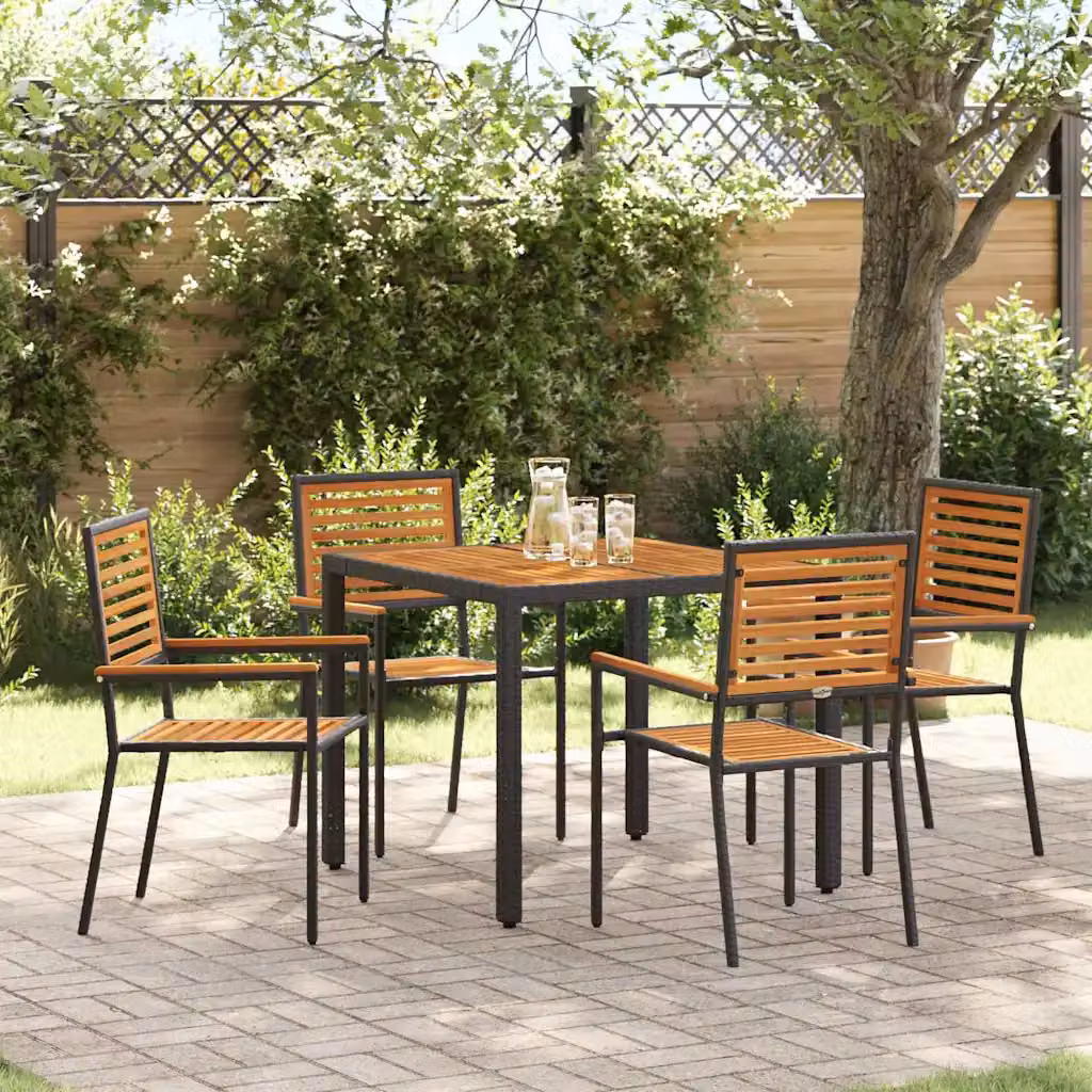 vidaXL Set da Pranzo per Giardino in Polyrattan e Legno di Acacia, 5 Pezzi, Nero e Marrone – 2