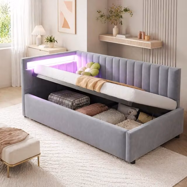 Divano letto Mivray in velluto grigio con contenitore idraulico e illuminazione LED sottostante, L/P/H: 90 x 200 x 120 cm