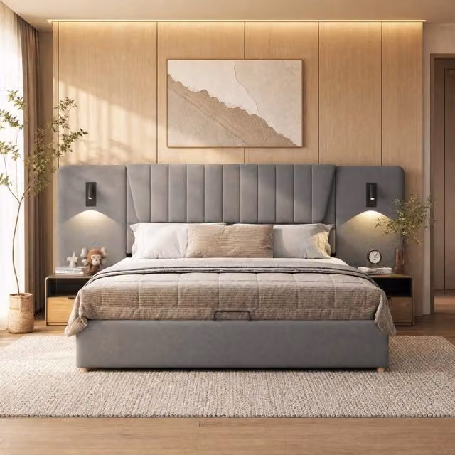 Letto matrimoniale imbottito 180 × 200 cm con vano contenitore idraulico in velluto grigio con luci USB