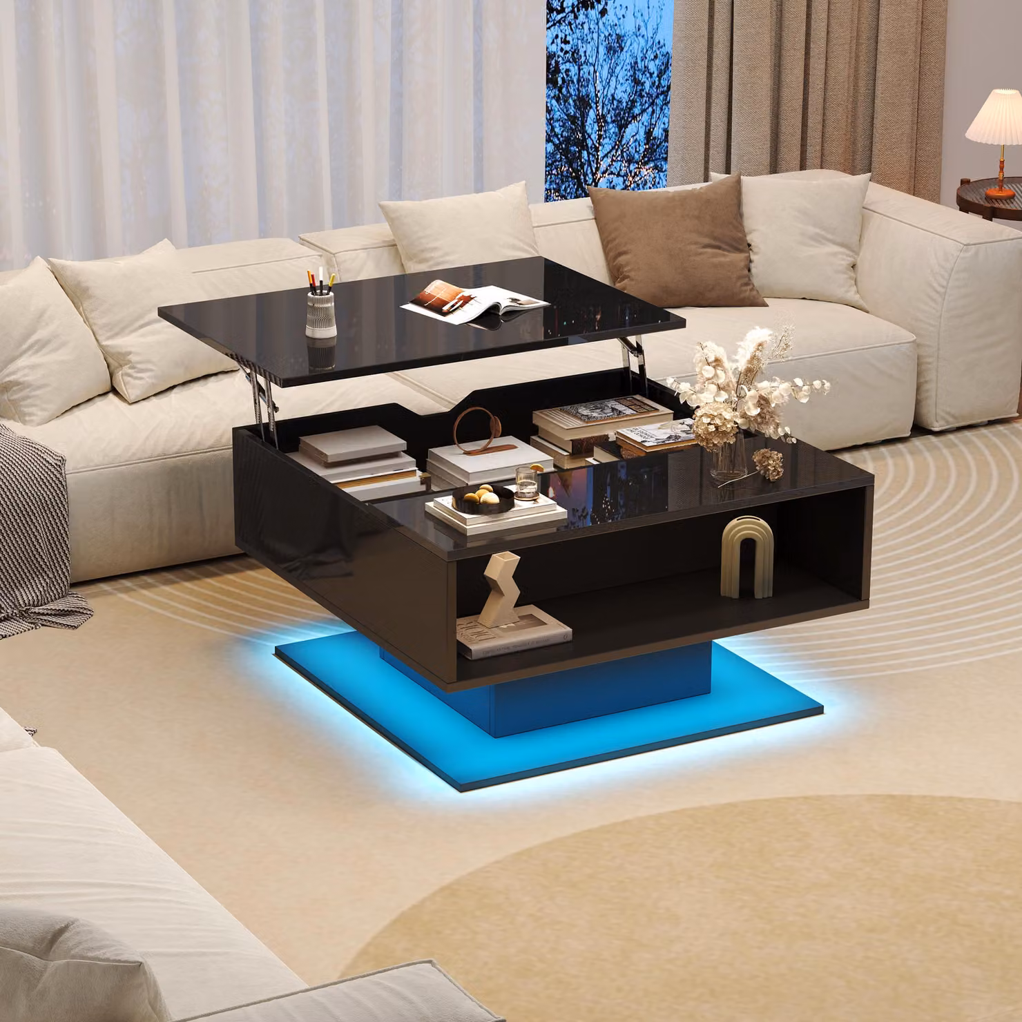 Tavolino, sistema di sollevamento idraulico, finitura lucida, tavolino da divano, spazio contenitivo, spazio contenitivo parzialmente aperto, design geometrico, ergonomico, tavolino ausiliario, dimensioni 80x75x40