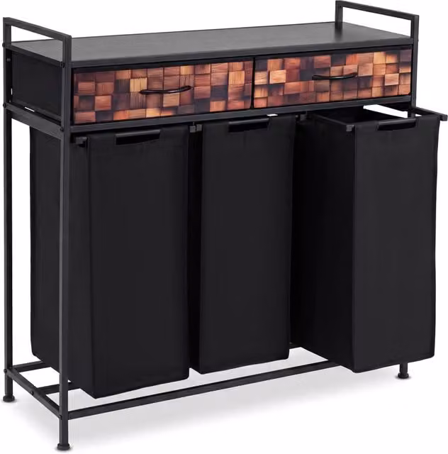 Cesto per biancheria sporca a 3 scomparti con 2 cassetti per bagno e lavanderia, Nero, H 93,5 x L 92,5 x P 33 cm – 1