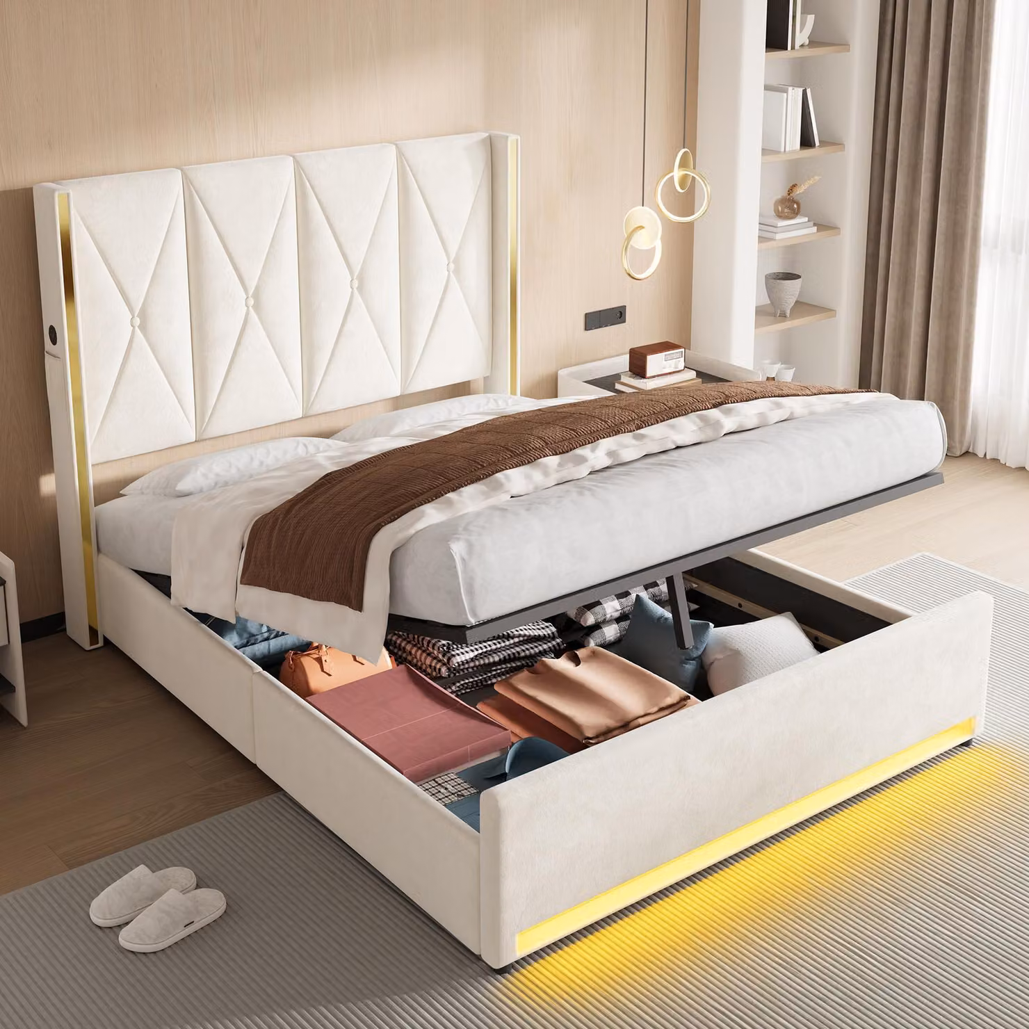 LVHOM Letto imbottito con contenitore, letto matrimoniale con luci a LED, porte USB e tasche laterali, letto funzionale, 160x200 cm, beige