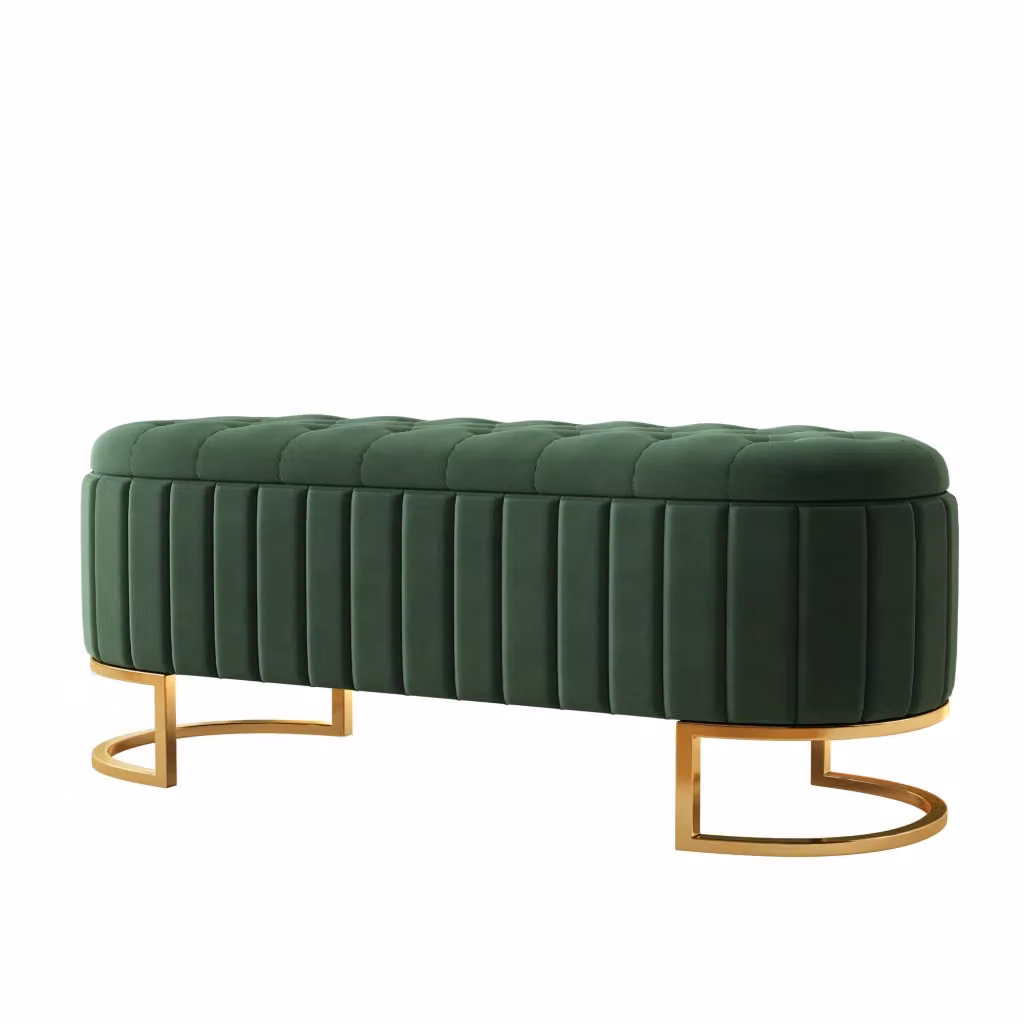 Panca Contenitore Pouf Chicfurn in Velluto Verde con Seduta Imbottita e Struttura in Metallo, L: 120 cm, P: 43 cm, H: 39,9 cm – 2