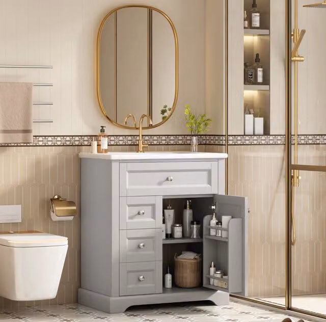 Mobile bagno da terra con lavabo in ceramica 76x46x87 cm; 3 cassetti; MDF grigio