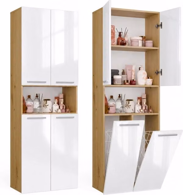Colonna mobile da bagno con 2 cesti per il bucato, finitura bianco lucido e rovere artisan, L: 30 cm, P: 40 cm, H: 174 cm