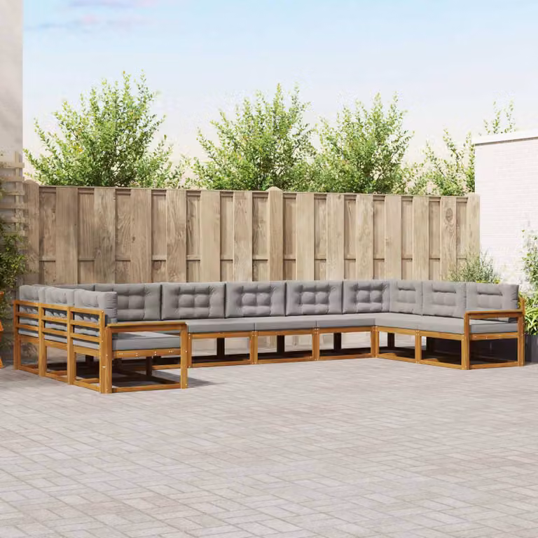 vidaXL Set di divani da esterno a forma di U in legno di acacia, 10 pezzi, Grigio e Marrone