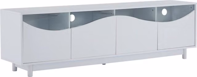 Mobile TV bianco lucido con ante in vetro temprato curvate, illuminazione LED, 175x38x51 cm