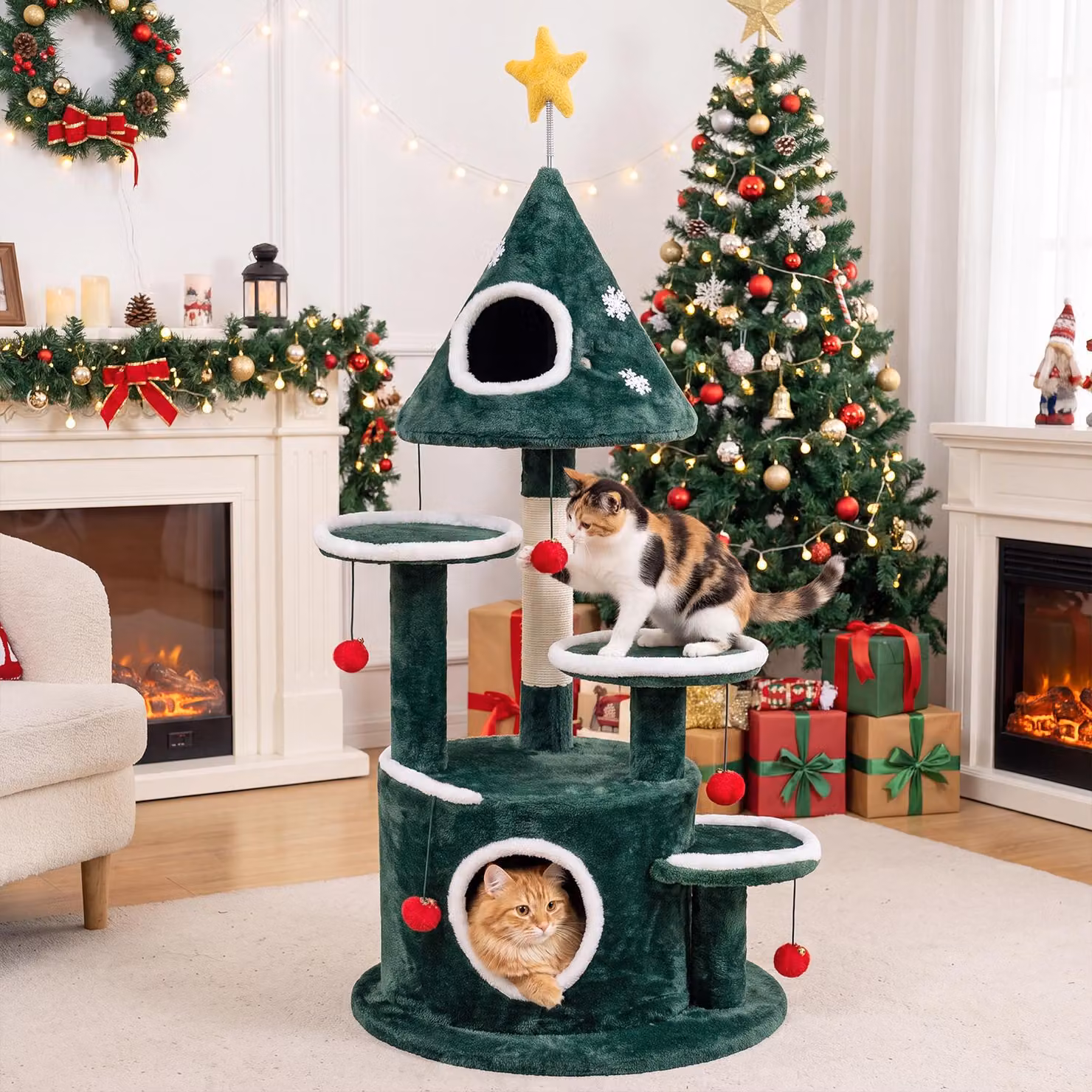 Albero per gatti COSTWAY, 127 cm, ideale per Natale, con stella e fiocchi di neve, 2 rifugi, 3 piattaforme, palo rivestito in sisal, 6 palline giocattolo. Albero per gatti