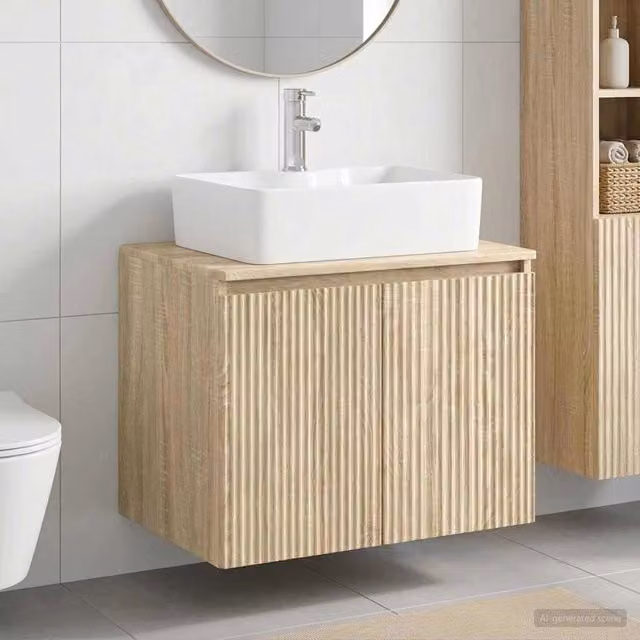 Set di mobili da bagno sospesi vidaXL in legno MDF color rovere marrone con ante a battente e finitura opaca