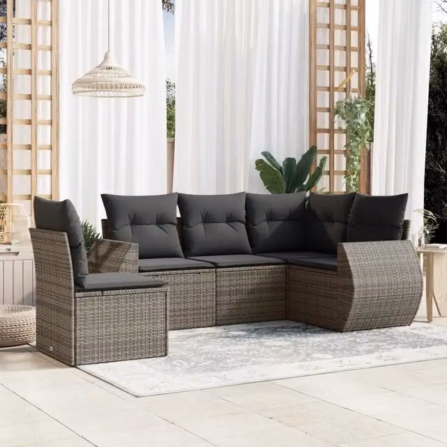 Set Divano da Giardino 5 pz con Cuscini-Sofa da Giardino-Divanetto da esterno Grigio in Polyrattan 713377