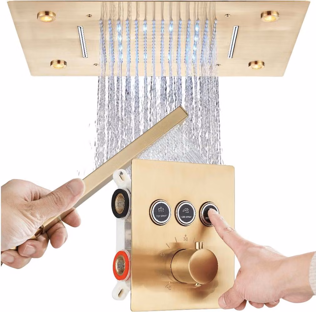 Miscelatore doccia incasso Ari termostatico con soffione a pioggia illuminato, box montaggio incluso, oro spazzolato