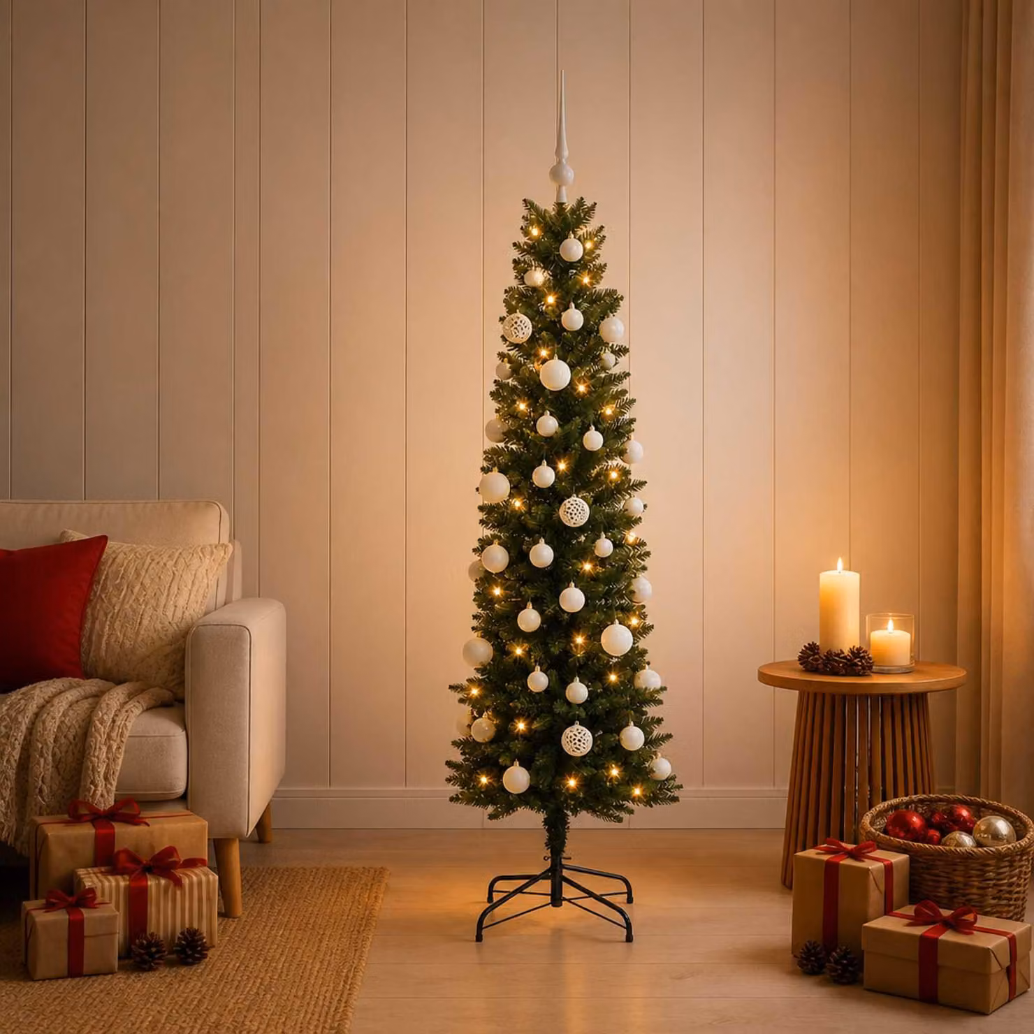 Albero di Natale artificiale, sottile, con decorazioni a forma di pallina, altezza 150 cm