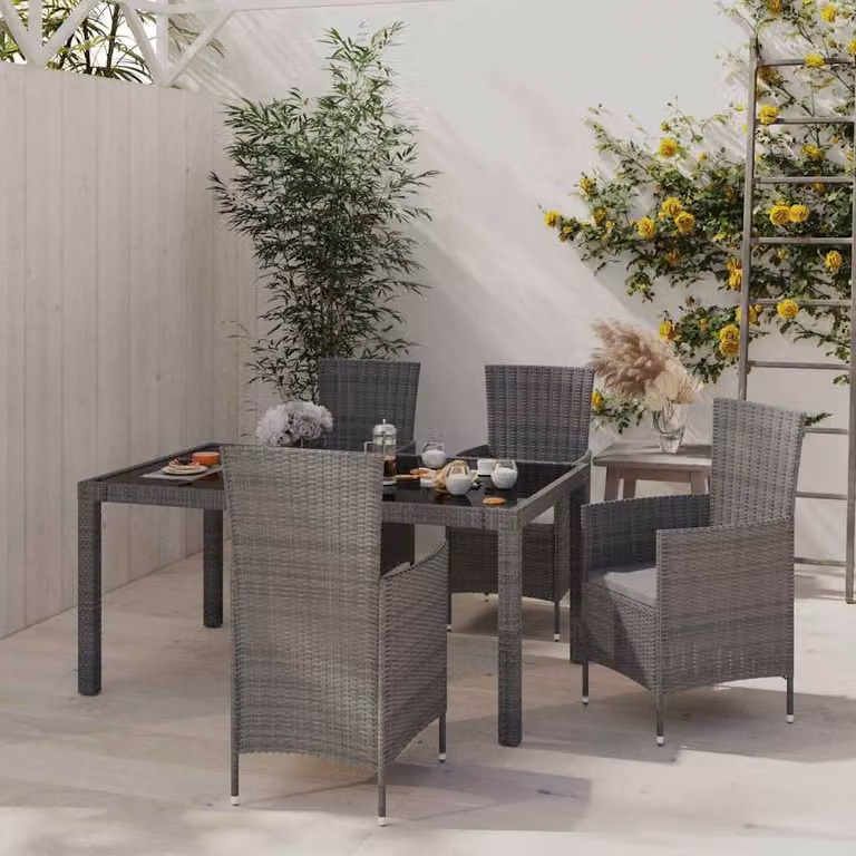 Set da pranzo da esterno vidaXL in polyrattan grigio con cuscini e tavolo in vetro, 5 pezzi