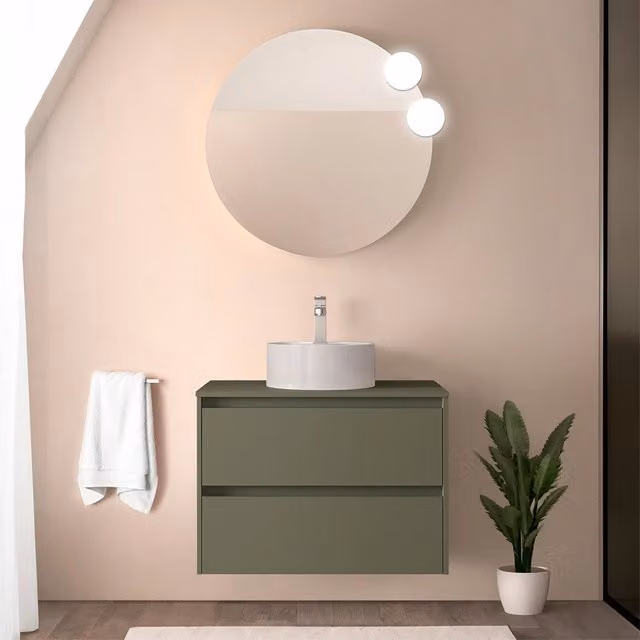 Mobile bagno sospeso Gaya Inbagno verde opaco con top per lavabo da appoggio e ante con cassetto soft close