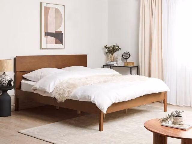Letto matrimoniale BELIANI in legno massello di pino e legno di gomma, colore marrone, stile rustico, con doghe piatte fisse, L: 180 cm, P: 200 cm, H: 101 cm