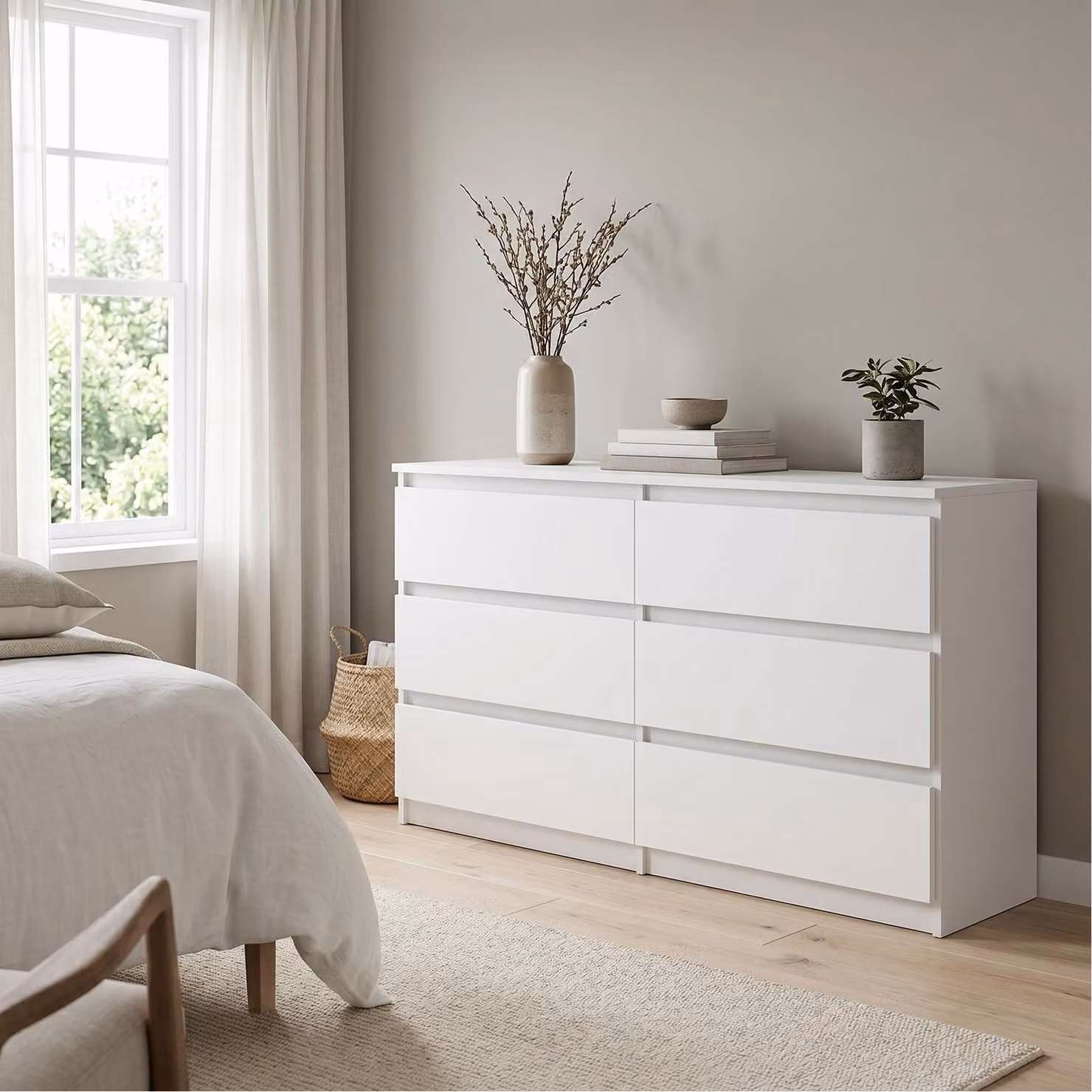Comodà Masseno NUDO da 138,5 cm con 6 cassetti e ante, per soggiorno e camera da letto, stile moderno, 138,5x39x78,5 cm, bianco / bianco
