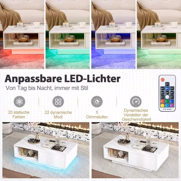 Tavolino da caffè con luci LED e telecomando, 95 x 55 x 31 cm, bianco