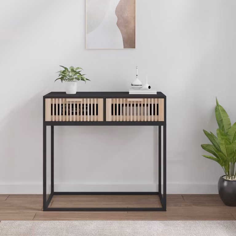 vidaXL Tavolino Consolle in Stile Scandinavo Nero con Legno e Metallo L 80 cm, P 30 cm, H 75 cm